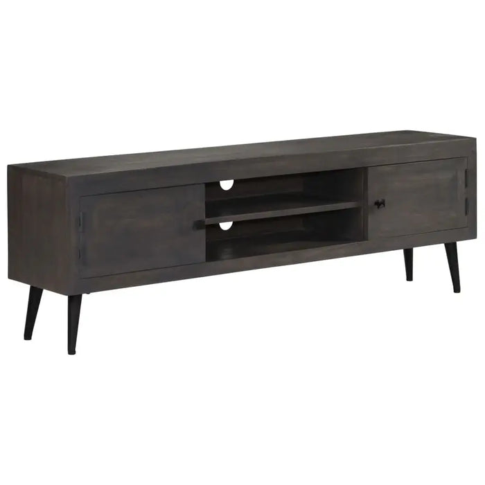 Dark wooden mid-century TV stand with two cabinets and open shelves on black tapered legs