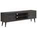 Dark wooden mid-century TV stand with two cabinets and open shelves on black tapered legs