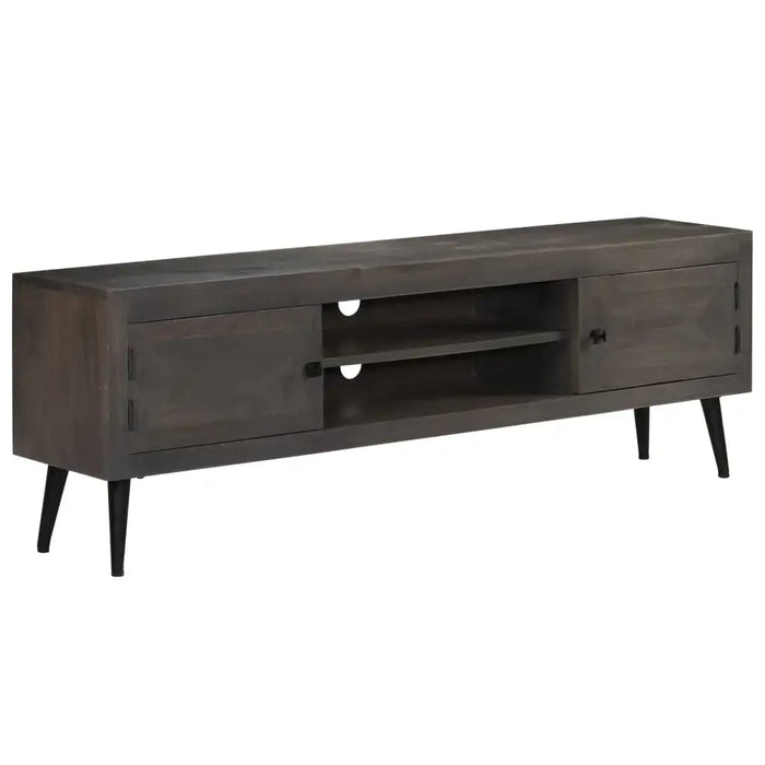 Dark wood mid-century modern TV stand with two cabinets and open shelves, black tapered legs