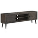 Dark wood mid-century modern TV stand with two cabinets and open shelves, black tapered legs