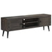 Modern dark wood TV stand with two cabinets and open shelves, supported by black legs