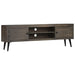 Modern dark wood TV stand with two cabinet doors, open shelves, and black tapered legs