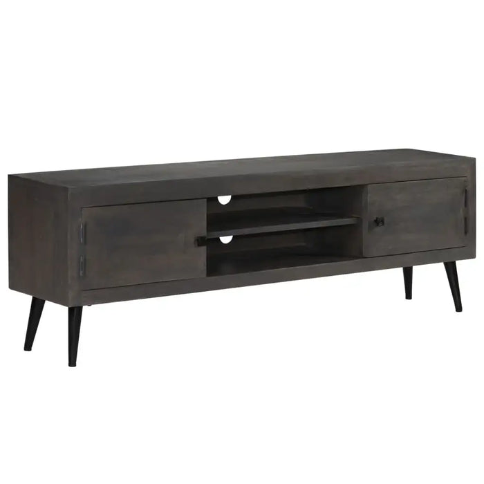 Dark wooden TV stand with two cabinet doors and two open shelves on angled black legs