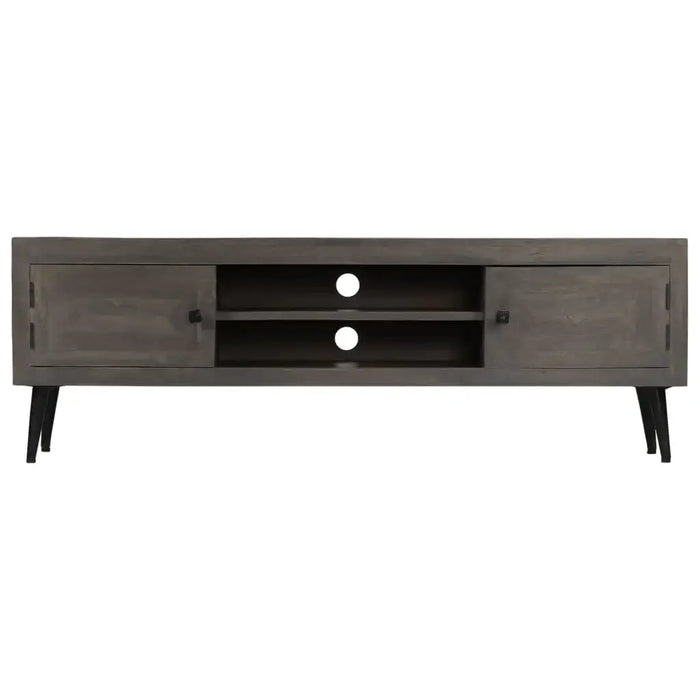 Gray wooden TV stand with two cabinets, central shelves and cable holes, mid-century modern design