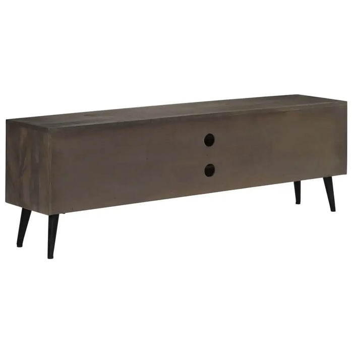 Modern wooden TV stand with dark brown finish, black tapered legs, and two cable management holes