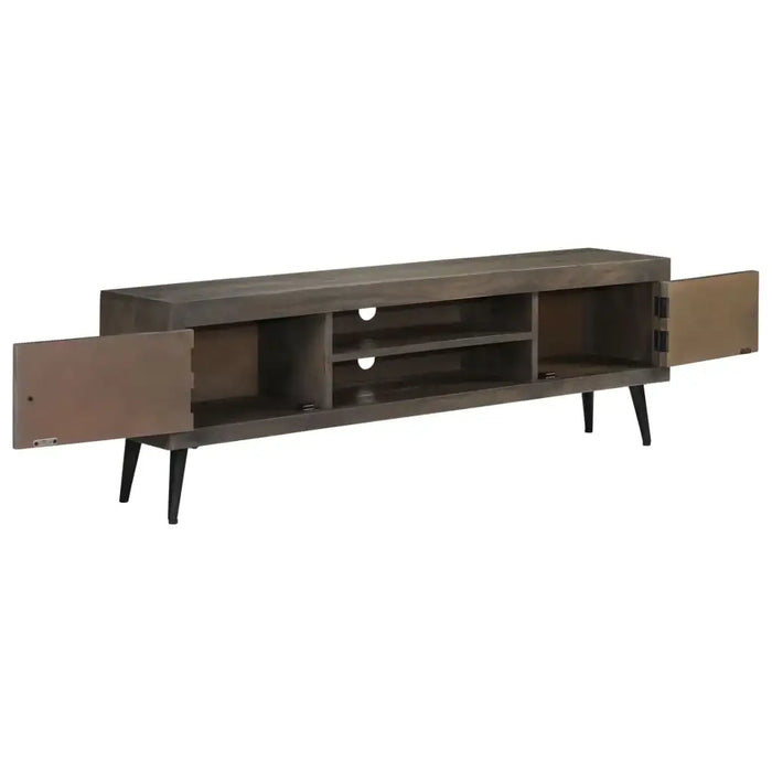 Modern dark wood TV stand with open shelves and two side cabinets, elevated on black legs