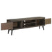Modern dark wood TV stand with open shelves and two side cabinets, elevated on black legs