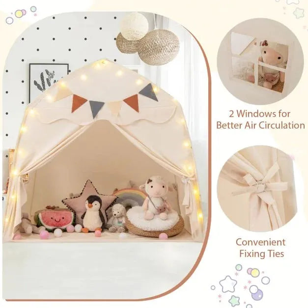 Spacious Boho Kids Play Tent in Beige - Little and Giant Explorers Costway