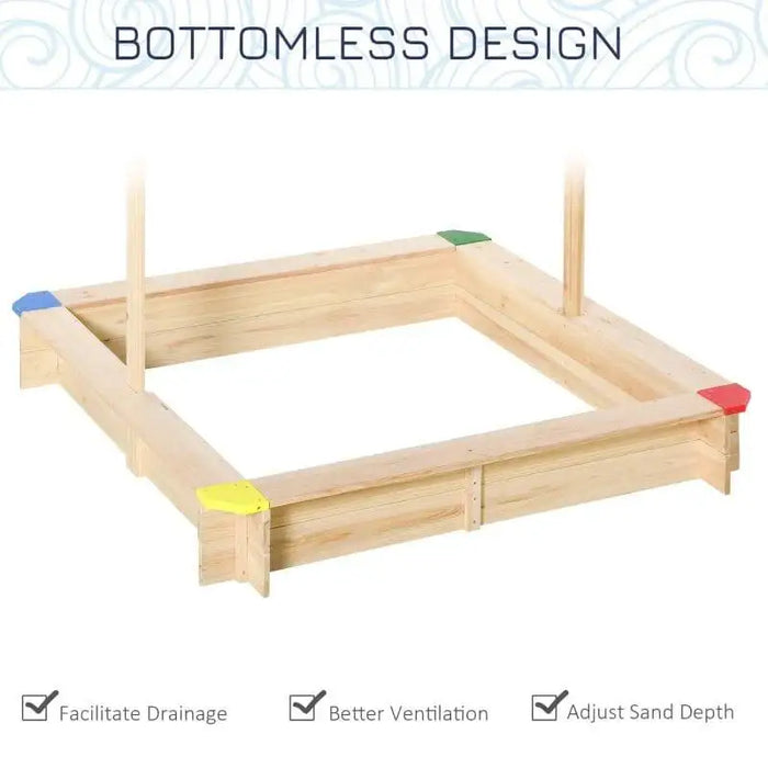 Square wooden sandbox with bottomless design, colored corner seats, and two upright posts.