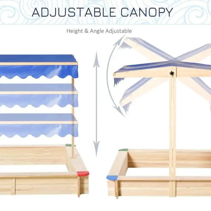 Square wooden sandbox with height and angle adjustable blue canopy, colorful corner seats