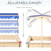 Square wooden sandbox with height and angle adjustable blue canopy, colorful corner seats