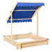 Square wooden sandbox with blue adjustable canopy and colored corner seats
