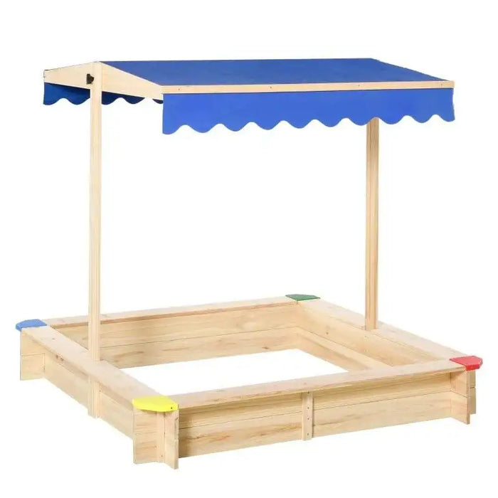 Square wooden sandbox with blue adjustable canopy and colorful corner seats