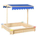 Square wooden sandbox with blue adjustable canopy and colorful corner seats