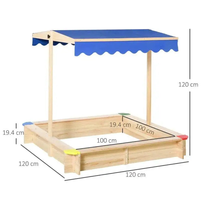 Square wooden sandbox with blue adjustable canopy, seating, and measurement labels