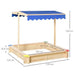 Square wooden sandbox with blue adjustable canopy, seating, and measurement labels
