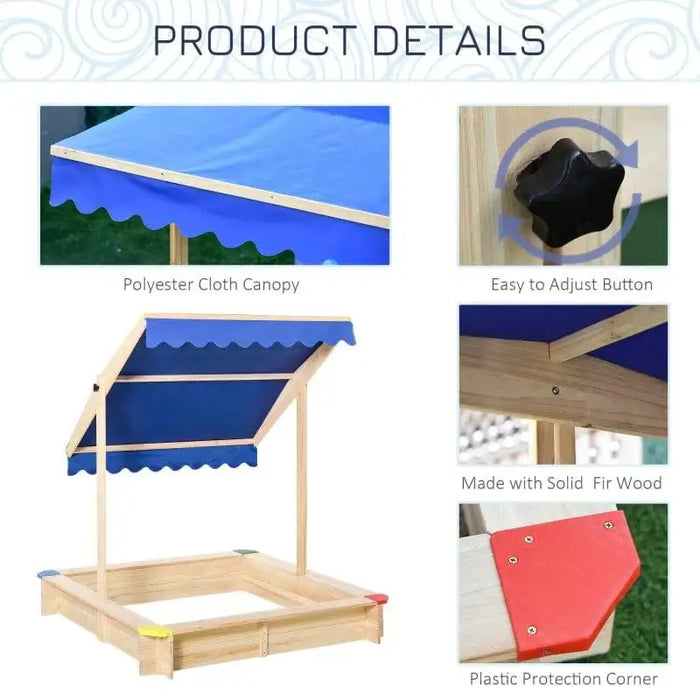 Square wooden sandbox with blue adjustable polyester canopy, fir wood frame, plastic corners.