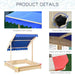 Square wooden sandbox with blue adjustable polyester canopy, fir wood frame, plastic corners.