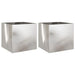 Two silver stainless steel garden planter boxes with a minimalist square design