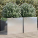 Two silver stainless steel garden planters with green leafy plants on wooden deck outdoors