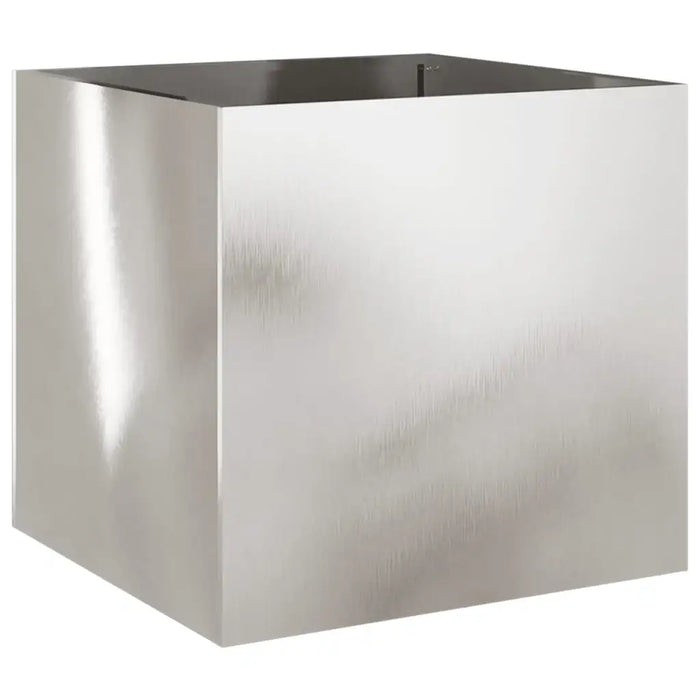 Silver stainless steel garden planter box with a smooth, reflective surface