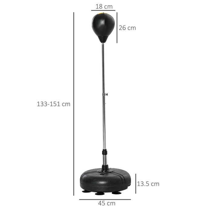 Adjustable freestanding black punching ball with weighted base and suction cups for boxing training
