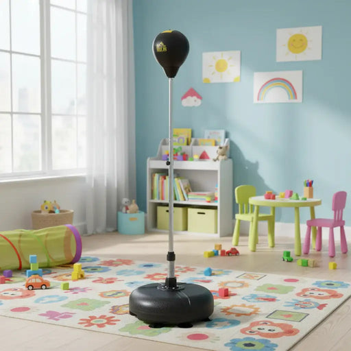Black freestanding punching bag in colorful toddler playroom with toys, table, and blue walls