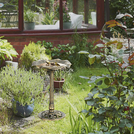 Standing Vintage Pedestal Birdbath with Lotus Leaf Basin in Bronze Tone - Little and Giant Explorers Outsunny