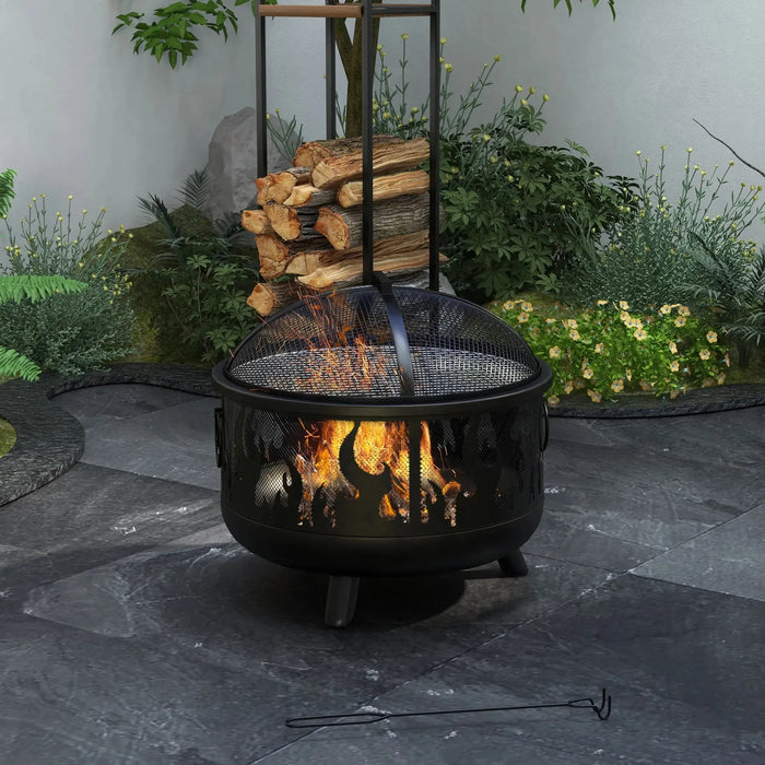 Steel Fire Pit BBQ with Poker in Black - Little and Giant Explorers Outsunny