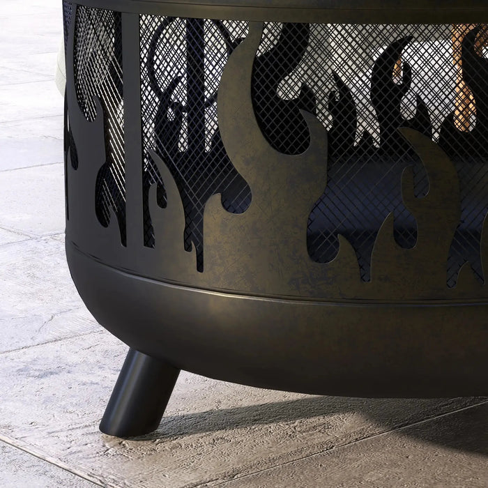 Steel Fire Pit BBQ with Poker in Black - Little and Giant Explorers Outsunny