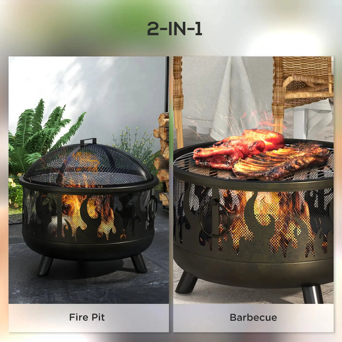 Steel Fire Pit BBQ with Poker in Black - Little and Giant Explorers Outsunny