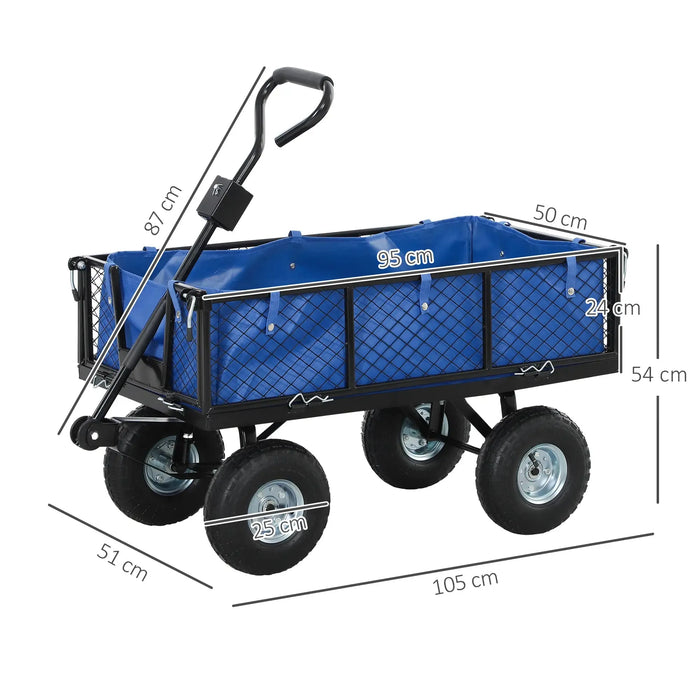 Steel Frame Garden Cart Trolley in Blue 114L - Little and Giant Explorers Outsunny