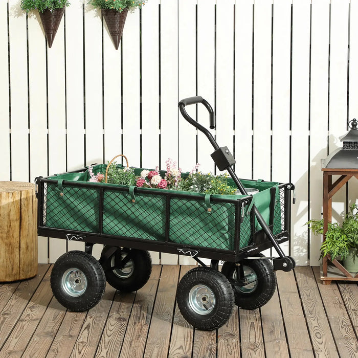 Steel Frame Garden Cart Trolley in Green 114L - Little and Giant Explorers Outsunny