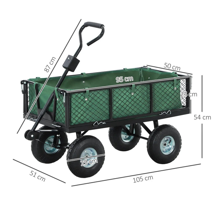 Steel Frame Garden Cart Trolley in Green 114L - Little and Giant Explorers Outsunny