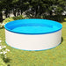 Steel frame round white and blue splasher pool set up on grass in a backyard garden.