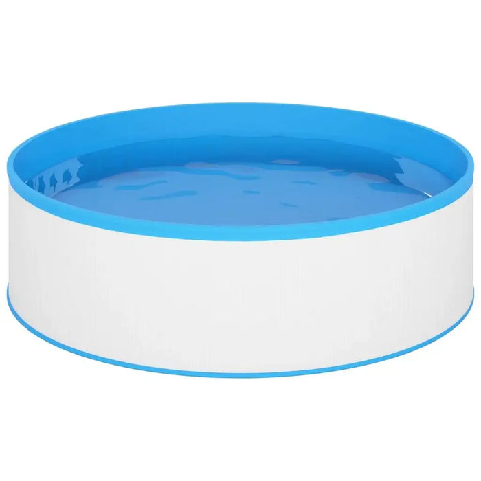 Steel frame round splasher pool with white sides and blue interior filled with water