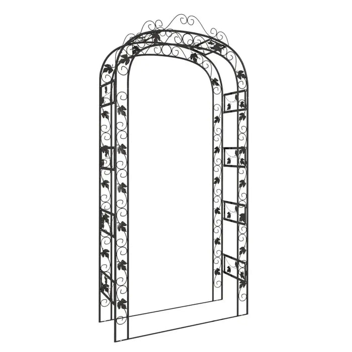 Powder-coated steel garden arch trellis with decorative scroll and leaf design, 240cm tall