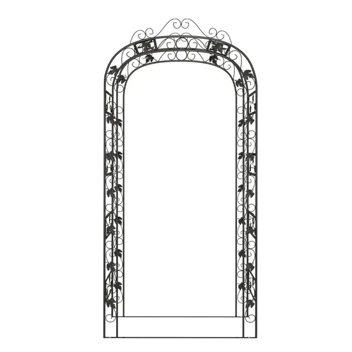 Steel garden arch trellis with decorative scrollwork and leaf accents, 240cm tall, black metal.
