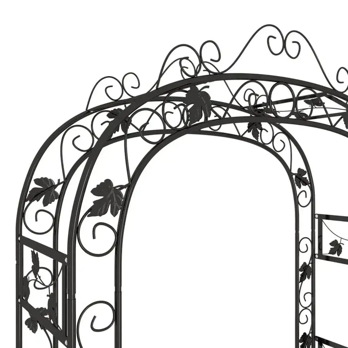 Powder-coated steel garden arch trellis with leaf and scroll details, black finish
