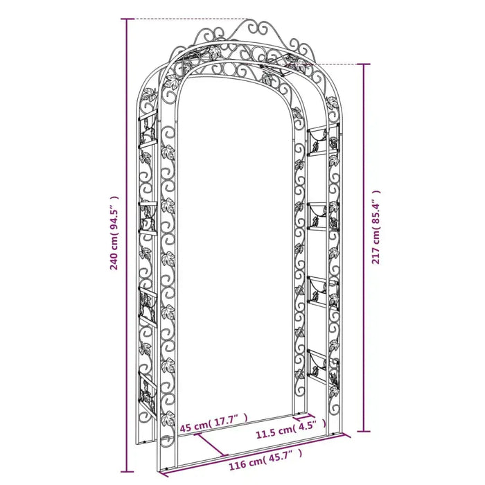 Steel garden arch trellis 240cm tall with decorative scrollwork and detailed size measurements