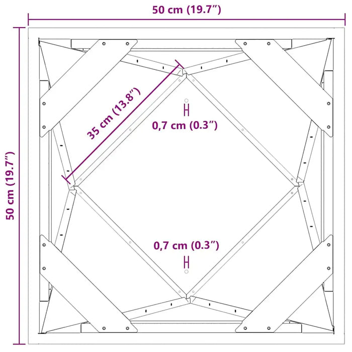 Top view schematic of a 50x50 cm weathering steel outdoor garden planter showing frame measurements