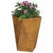 Weathering steel outdoor garden planter box with pink flowers and green leaves