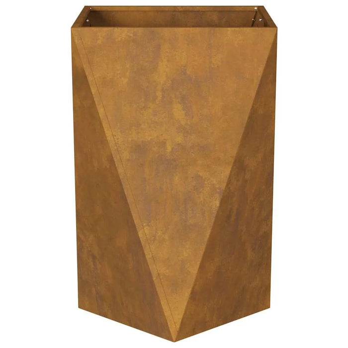 Geometric weathering steel garden planter box with rust patina finish