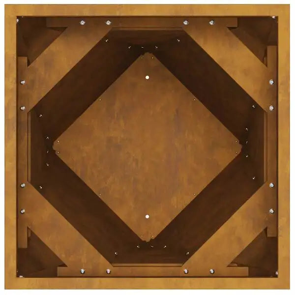 Top view of a rust-colored weathering steel square garden planter box with metal bolts and reinforced corners