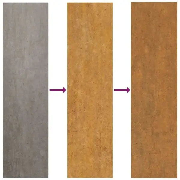 Three panels showing weathering steel color transition from grey to light to dark rust finish