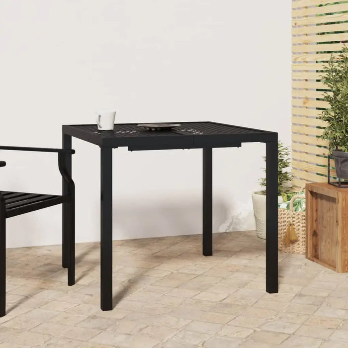Steel garden table in anthracite 80x80x72cm on patio with chair and plants