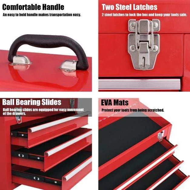Steel Tool Box – Red | Portable 3-Drawer Chest with Top Tray and Handle COSTWAY - Little and Giant Explorers Costway