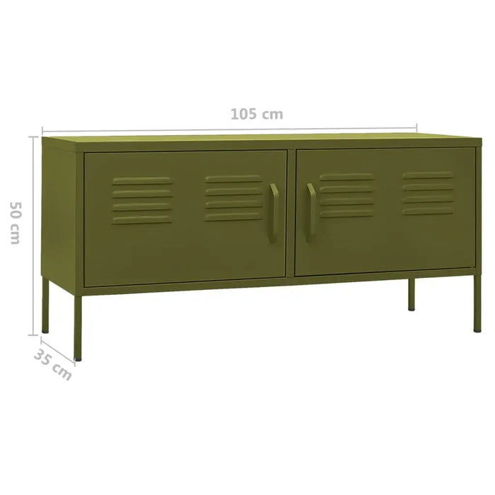 Olive green steel TV cabinet media unit with two storage doors and adjustable levellers, dimensions 105x50x35 cm