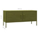 Olive green steel TV cabinet media unit with two storage doors and adjustable levellers, dimensions 105x50x35 cm