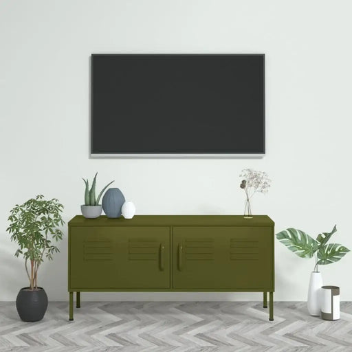 Olive green steel TV cabinet with storage doors and adjustable levellers in modern living room